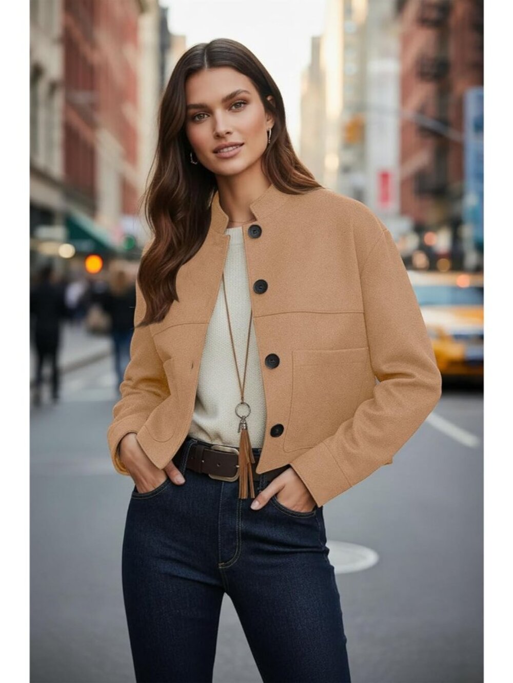 Women's Khaki Chic Faux Suede Oversized Button-Down Cropped Motorcycle Jacket - Picture 3 of 5